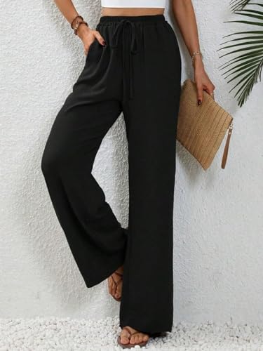 Wide Leg Pants for Women Elastic Waist Drawstring Palazzo Pants Lounge Pants with Pockets Loose Straight Leg Trousers2