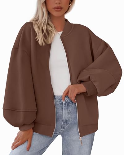 KIRUNDO Womens Fall Fashion 2025 Oversized Zip Up Sweatshirt Jackets Casual Long Sleeve Bomber Outerwear Winter Outfits(Dark Brown, Large)