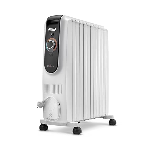 De'Longhi Dragon EasyTronic – Radiador de Aceite para Estancias hasta 75 m³, Calefactor Eléctrico con Termostato de Seguridad, 10 Aletas, Calefacción con 12 Niveles, Portátil, 2500W, Blanco (TRD51025)