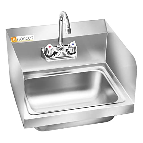 HOCCOT 304 Stainless Steel Sink, Wall Mounted Commercial Restaurant Sink, Hand Washing Sink with Side Splashes, Utility Sink for Restaurant, Kitchen, Bar, Outdoor, Garage, 17"x 15" Cover