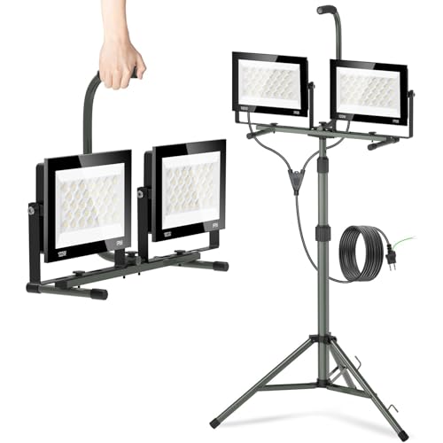 投光器 led 作業灯 2灯 3灯タイプ 防水IP66 スタンド付き投光器 三脚付きスタンド 屋外照明 アウトドア 倉庫 工場 工事用ライト 夜間作業 (100W*2/25000lm)