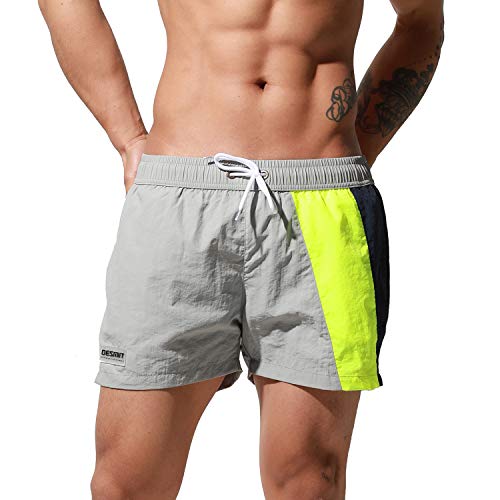 DESMIIT Men's Geometric Stitching Quick-Dry Short Board Shorts Loose Swimwear Surfing Grey 2X-Large
