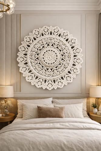 Image of Decor Delights Wall panel Floral MDF Wall Decoration Panel, Hanging Wood Carving Wall Decoration Panel for Living Room, Bedroom, Hallway, Office Wooden Wall Hanging Plaque, Wood Carving (3D White)