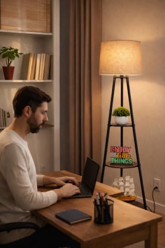 Image of Tripod Floor Lamp with 3 Circle Shape Shelves, Beige Jute Shade, Metal Corner Floor Lamp, for Decoration and Gifting (Pack of 1)
