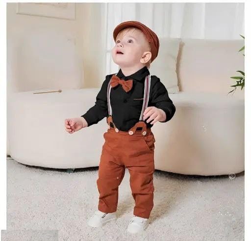 FROQUILIZ Cotton Blend Classic Suspender Set For Baby Boy | Regular Fit & Stylish With Cap & Pocket | 2-Piece Full Sleeve Outfit | Comfortable & Ideal For Summers, Outings & Events - Black (3 Years) 1
