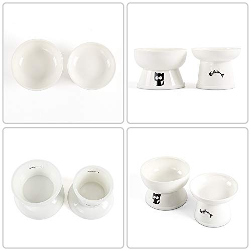 Foreyy Raised Cat Food And Water Bowl Set, Elevated Ceramic Cat Feeder Bowls With Anti Slip Band, Porcelain Pet Dish With Stand, Stress Free, Backflow Prevention, Dishwasher And Microwave Safe (White) #TOP3