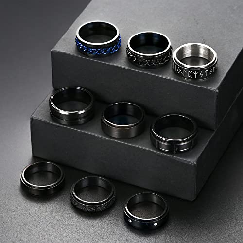 Jstyle 9Pcs Black Spinner Rings For Men Women Stainless Steel Band Ring Cool Chain Fidget Ring For Anxiety Rings For Men Anxiety Relief Stress Ring Wedding Black Band Ring For Father's Day Gift 11 #TOP3