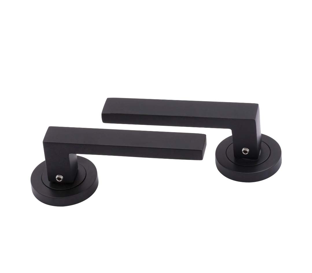 Golden Grace Delta Door Handles on Round Rose in Matte Black Finish, Complete with Fixing Screws - 1 Pair