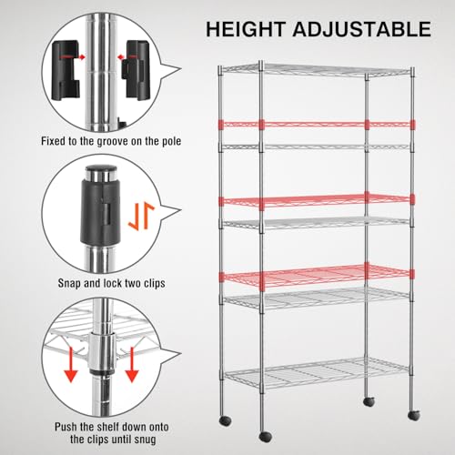 FDW Adjustable Storage Shelves 5-Tier Wire Shelving Unit Heavy Duty Metal Shelves with Wheels 14”Dx30”Wx61”H Storage Shelf Rack for Home Kitchen Commercial, Chrome by FDW - Used condition - Image 7