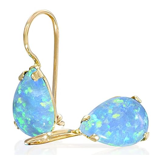14K Gold Blue Opal Teardrop Earrings - 14K Solid Yellow Gold Pear Shape Drop Earrings with Dangle October Birthstone, Medium Size 7x10mm Blue Opal Gemstone Jewelry - Handmade Gift for Classy Women