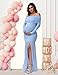 JustVH Maternity Long Sleeve Off Shoulder Baby Shower Dress Party Mesh Paneled Split Maxi Photography Gown for Photoshoot Blue