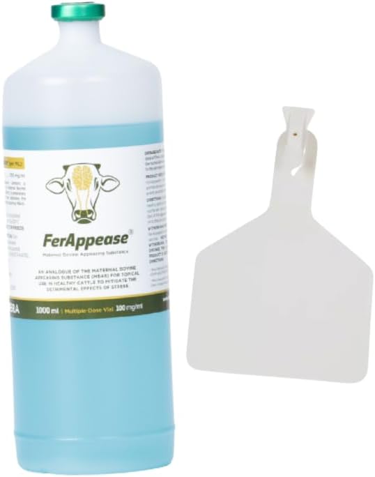 FerAppease® Bovine Stress Relief & Ear Tag Kit – 1,000ml Calming Solution + 25 Z-Type Large White Tags | Livestock Identification | Reduce Cattle Stress | Ranch Herd Management Tool | Durable Design