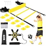 GHB Pro Agility Ladder Soccer Kick Trainer Set 20ft 12 Rung 10 Cones and 4 Stakes Speed Agility Football Training Equipment with Carrying Bag (Yellow)