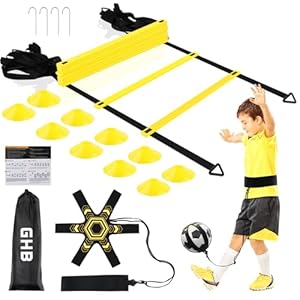GHB Pro Agility Ladder Soccer Kick Trainer Set 20ft 12 Rung10 Cones and 4 Stakes Speed Agility Football Training Equipment with Carrying Bag