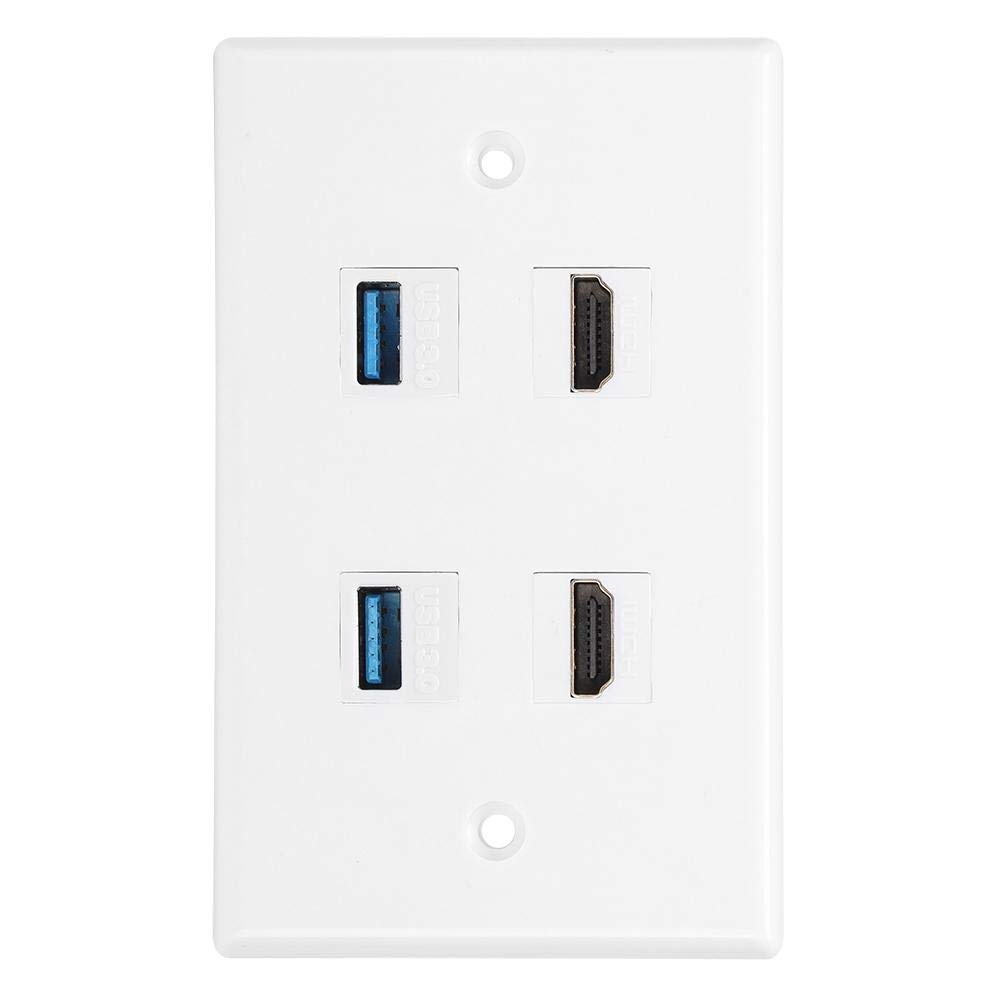 Fditt 2 puertos HDMI y USB Placa de panel de pared Keystone HDMI Hembra a hembra Hebilla de montaje Salida de pared Cargador USB Placas de pared con tapa