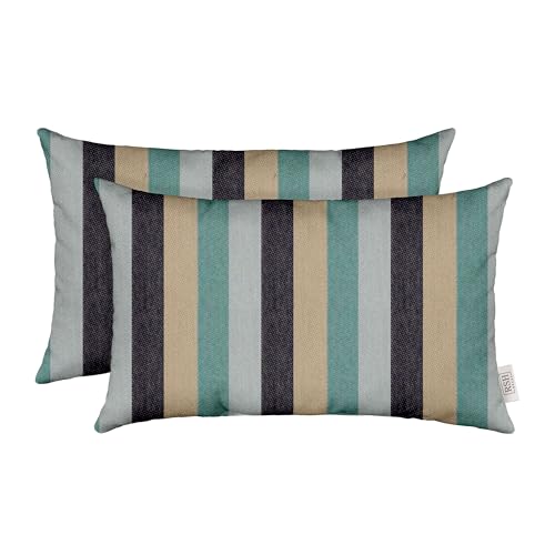 RSH DECOR: Sunbrella Lumbar Throw Pillows Set of 2 | 20" x 12" | Water and Fade-Resistant Fabric | Outdoor Pillow Covers with Down-Alternative Inserts | Made in USA (Anthem Lagoon Navy Teal Stripe)