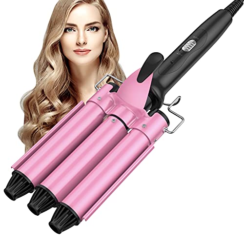 3 Barrel Curling Iron Wand with Temperature Adjustable 30s Fast Heating 25mm Hair Crimper 1 Inch Ceramic Tourmaline Triple Barrels Dual Voltage Portable Hair Waver for All Hair Styling(Pink)