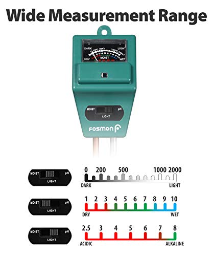 Fosmon Soil pH Tester - 3 in 1 Measure Soil pH Level, Moisture Content, Light Amount Soil Test Kit for Indoor Outdoor Plants, Flowers, Vegetable Gardens and Lawns