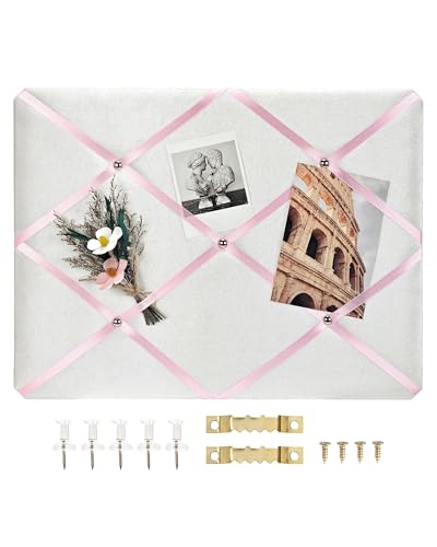 Aitakatta White Fabric Memo Bulletin Board, 17x13 inches Velvet Pin Board for Wall, Vision Board Message Board with Pink Criss-Cross Ribbons for Home Office School Wall Decor(PK Ribbon,4333)
