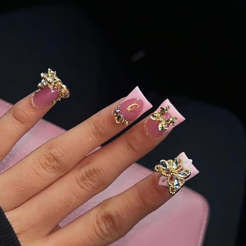 Image of Pink French Tip Press on Nails Short Duck Fake Nails with Design 5D Butterfly Glue on Nails Rhinestone Bow False Nail Artificial Acrylic Full Cover Glossy Stick on Nails for Women Manicure 24Pcs