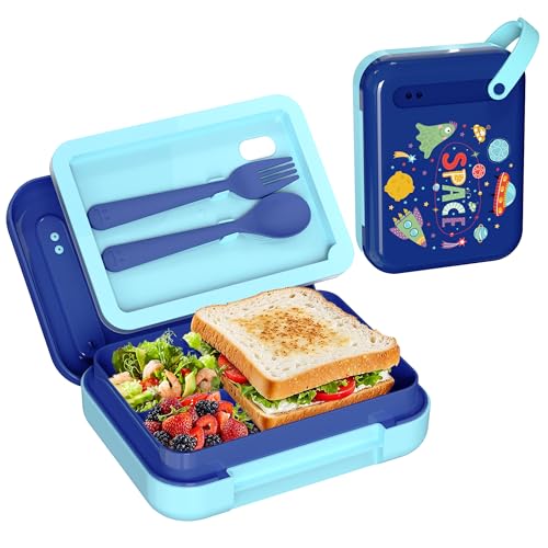 Image of Kids Bento Lunch Box for Boys & Girls - 4-Compartment Leak-Proof Lunch Container with Hidden Silicone Handle, Lightweight, BPA-Free, 855ml for School & Travel (Space)