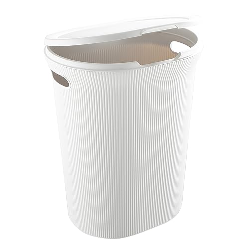 Image of Superio Ribbed Collection - Decorative Plastic Laundry Hamper with Lid and Cut-Out Handles, White (2 Pack) Basket Organzier for Bedroom Bathroom College Dorm Room 40 Liter