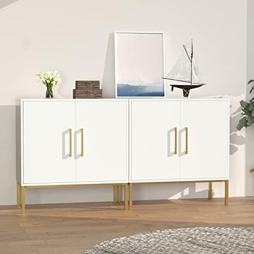 RESOM 2 Pack Modern Storage Cabinet with Double Doors, White Sideboard with Adjustable Shelves, Accent Cabinet for Living Room, Bedroom, Home Office and Hallway (White)
