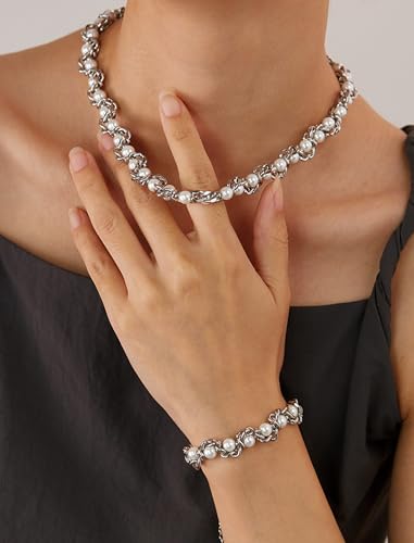 Pearl Chain Necklace for Women, Valentine's Day Mother's Day Jewelry Gifts for Her, White Silver Gold Plated Stainless Steel Link Faux Beads, Bridal Wedding Anniversary Birthday Christmas3