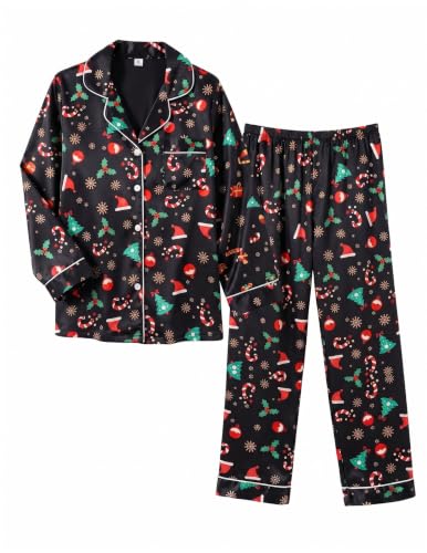 Image of Ekouaer Women Satin Pajamas Set Classic Button Down Long Pjs Set