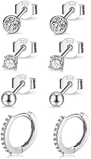 Sterling Silver Stud Earrings for Women Girls, 4 Pairs Silver Hoop Earrings & Stud Earrings Set, Small Cubic Zirconia Ball Sleeper Cartilage Studs Jewelry (4mm*3 + 12mm*1)