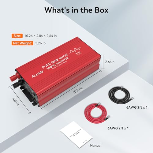 Image of ALLWEI 1000W Pure Sine Wave Inverter, 12V DC to 120V AC Converter | for Home, RV, Truck, Off-Grid Solar, Car Power Inverter with 2 Sockets, Power Inverters for Vehicles, 2000W Peak