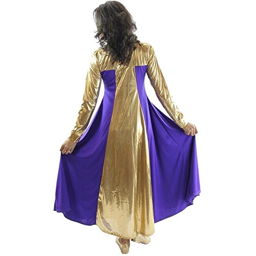 Danzcue Womens Metallic Color Block Long Sleeve Praise Dance Dress, Deep Purple-Gold, 4XL