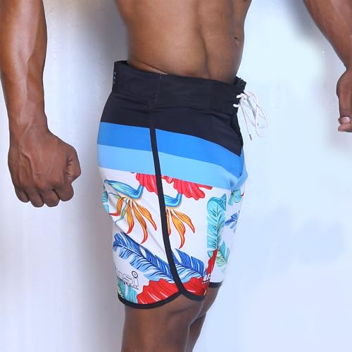 Image of USI Universal 411PA Aloha Physique Board Shorts, Polyester Fitness Shorts, Hook & Loop Fly, Drawstring Closure, Tailored Fit for Thin Waist & Muscular Thighs (in, Alpha, L, White /Red /Blue)