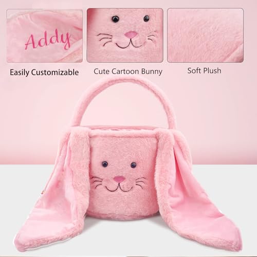 Image of Easter Bunny Basket for Kids, Cute Plush Big Ear Easter Basket with 50PCS Easter Stickers Pack for Boys Girls Easter Gifts for Egg Hunting Basket (Pink)
