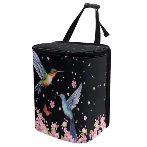 Image of Pink Cherry Blossom Hummingbirds Car Trash Bin Interior Accessory Lightweight Auto Garbage Can Bag for Back Seat Washable Mini Car Trash Can with Lid