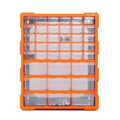 39 Multi Drawers DIY Tool Bits Storage Organiser, Plastic Cabinet Box for Garage Workshop, Small Parts Hardware and Craft Cabinet Orange Wall Mount