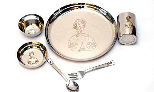 Kneaders – Laser Print Stainless Steel Round Lunch & Dinner Set for Kids – 1 Plate, 1 Curry Bowl, 1 Dessert Plate, 1 Glass, 1 Spoon & 1 Fork (6 Piece Set) (Barbiee)