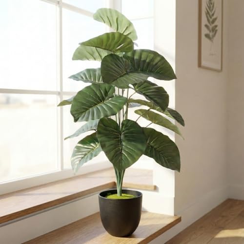 Image of Dekorly Artificial Palm Tree - Large Fake Tropical Floor Plant, Realistic Plastic Greenery for Indoor Home, Office, Living Room & Corner Decor (Alocasia Elephant Ear)