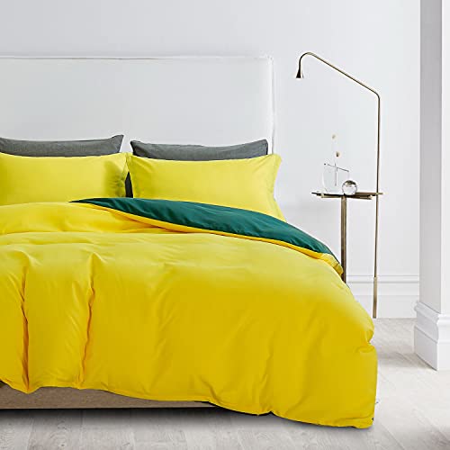 Juego de ropa de cama reversible de 155 x 220 cm y 80 x 80 cm, color amarillo y verde oscuro, 3...