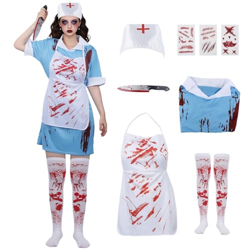 Halloween Kostüm Krankenschwester Zombie, Damen Blutige Zombie Kostüm Krankenschwester mit Kleid Schürze Strümpfen Haube, Erwachsene Krankenhausar...