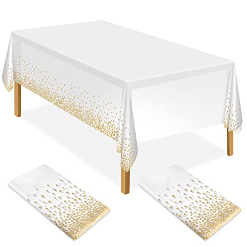 ELECLAND Lot de 2 nappes de fête rectangulaires en plastique blanc et doré - 137 x 274 cm - Confettis à pois dorés - Pour pique-nique, fête prénatale, Halloween, Noël