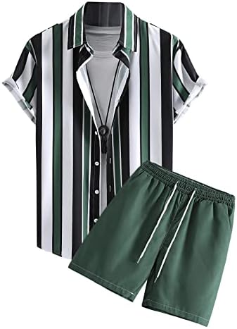 OYOANGLE Men's 2 Piece Outfits Short Sleeve Striped Button Down Shirt and Shorts Sets Green S