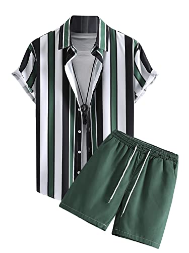 Oyoangle Men's 2 Piece Outfits Short Sleeve Striped Button Down Shirt And Shorts Sets Green S #TOP8