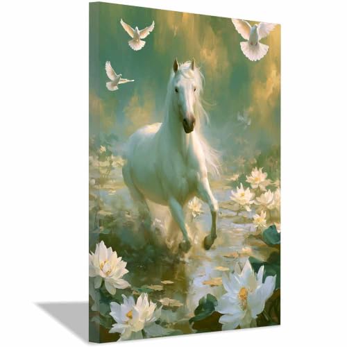 Peinture sur toile d'animaux PUQAAEO - Cheval blanc et colombes 20x30cm encadrée