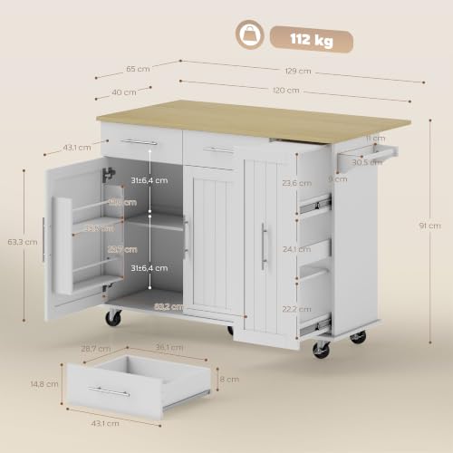 Miniatura 7 de Homcom Isla De Cocina Con Ruedas, Encimera Plegable, Carro De Cocina Con 2 Puertas Con Cierre Suave, Bandeja Extraíble De 3 Niveles, 2 Cajones, Toallero, Especiero, Blanco