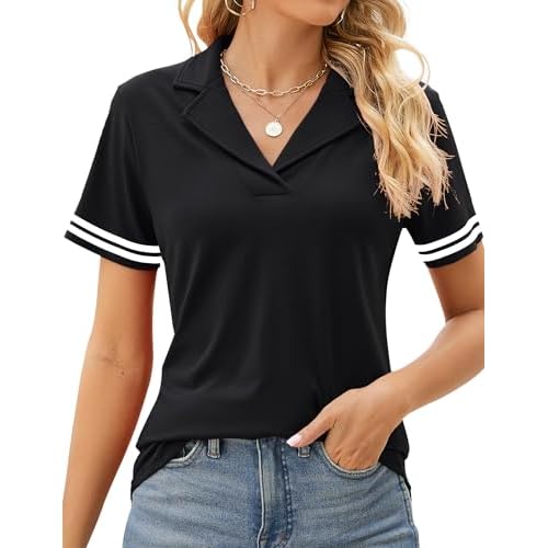 Rapbin Women's Polo Shirts Lapel Collar V Neck Short Sleeve Blouse Dressy Casual Tunic Tops Black White Stripe Large