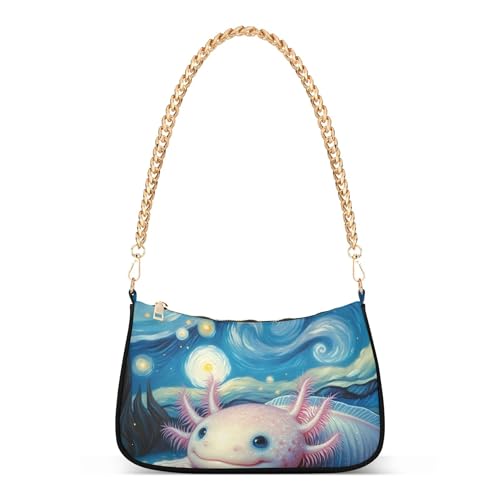 Cute Axolotl Starry Night Funny Medium Handbag Tote Womens Ladies Shoulder Bag Floral Zipper Casual Hobo Purse with Chain Strap