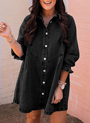 Image of Sidefeel Womens Smocked 3 4 Sleeve Button Down Denim Jeans Dresses