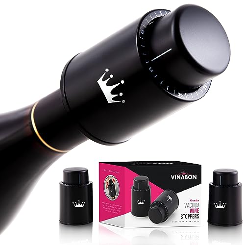VINABON Vacuum Wine Stopper Set of 2 - Preserves Freshness and Flavor for 15 Days. Improved Pump Design, Easy One Button Operation, 100% Leak Proof Seal in Any Position. Includes WineGuide eBook