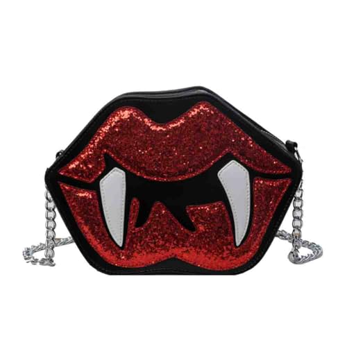 Big Lip Shaped Funny Shoulder Bag, Devil Fangs Mouth Crossbody Bag, PU Leather Halloween Demon Novelty Chain Clutch Purse (Black)